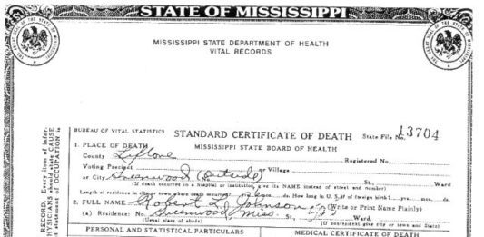 Robert Johnson's alleged death certificate