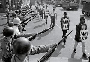 A peaceful protest march past Beale Street. The building on the left is now home to B.B. King's Blues Club. 