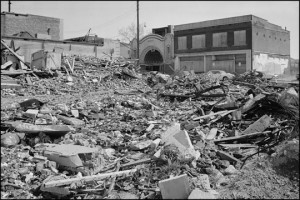 Rubble of a demolished building, across from The Daisy Theater