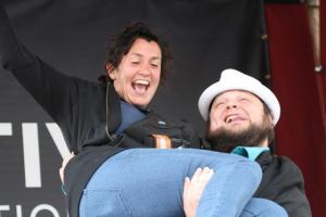 Victor Wainwright bench pressing production assistant Catherine Duval