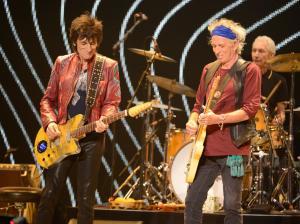 LOS ANGELES, CA - MAY 03: Ronnie Wood and Keith Richards perform on stage during the Rolling Stones "50 & Counting" tour opener at Staples Center on May 3, 2013 in Los Angeles, California. (Photo by Kevin Mazur/WireImage) *** Local Caption *** Ronnie Wood; Keith Richards